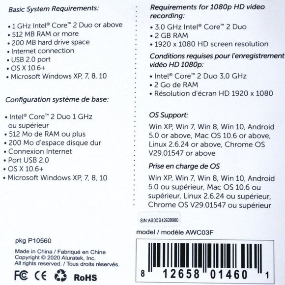Aluratek HD Webcam AWC03F HD1080p Compatible w/ Tripods, Supports MacOS, Windows - Picture 6 of 6
